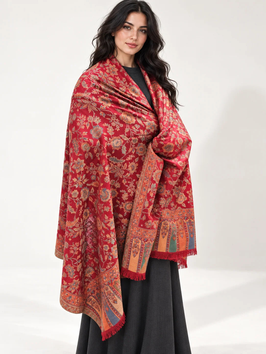 Premium Kani #17 Floral Deep Red Shawl โ 01-main-portrait