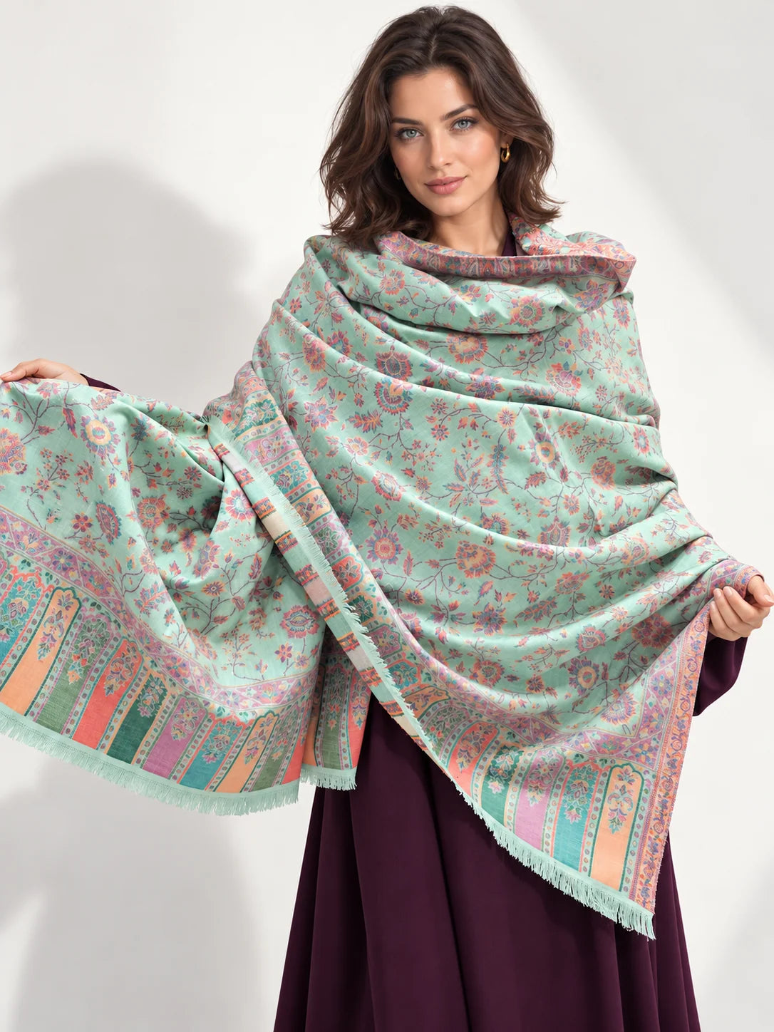 Premium Kani #17 Floral Mint Green Shawl — 01-main-portrait