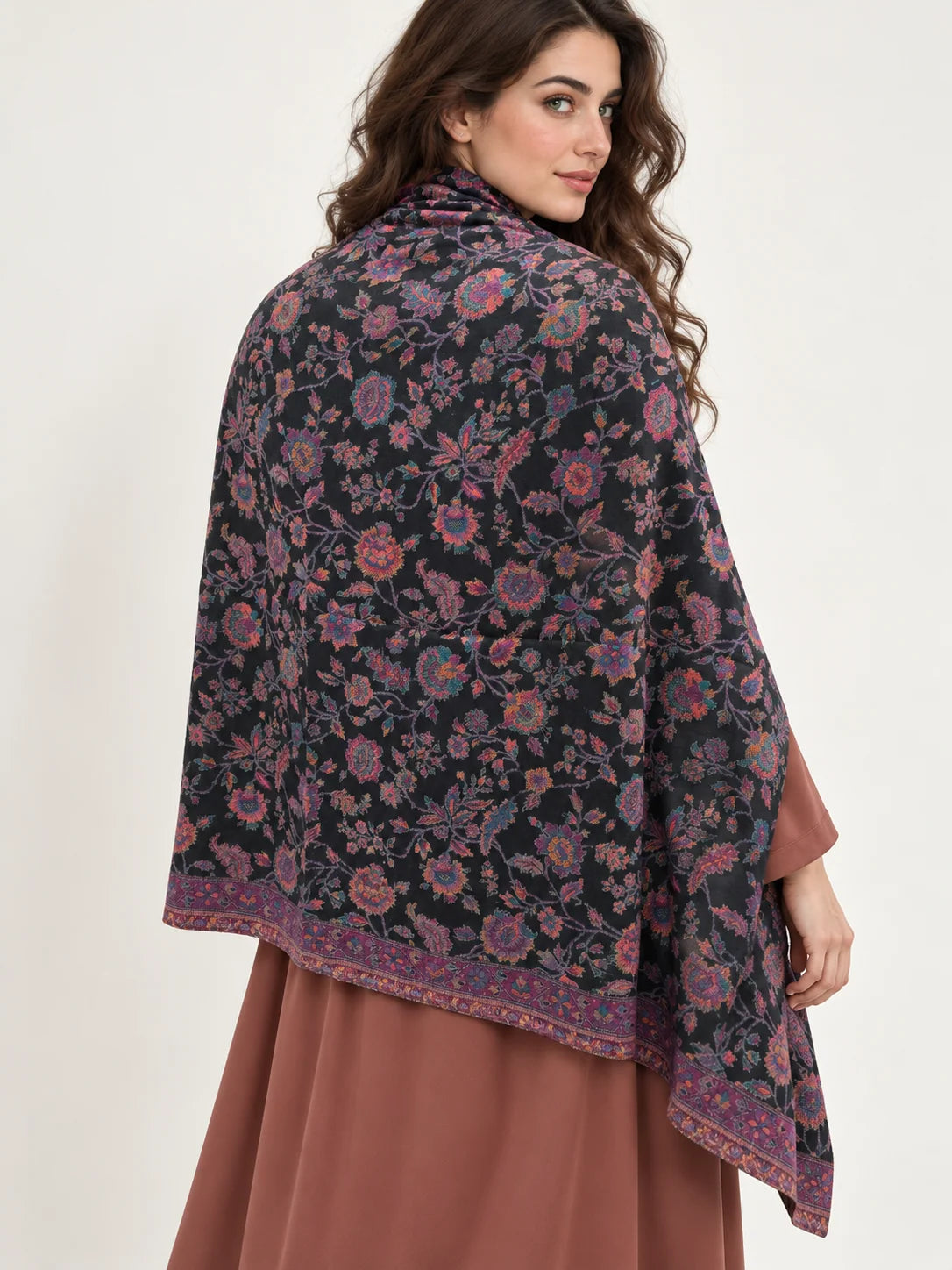 Premium Kani #17 Floral Black Shawl — 03-back-drape