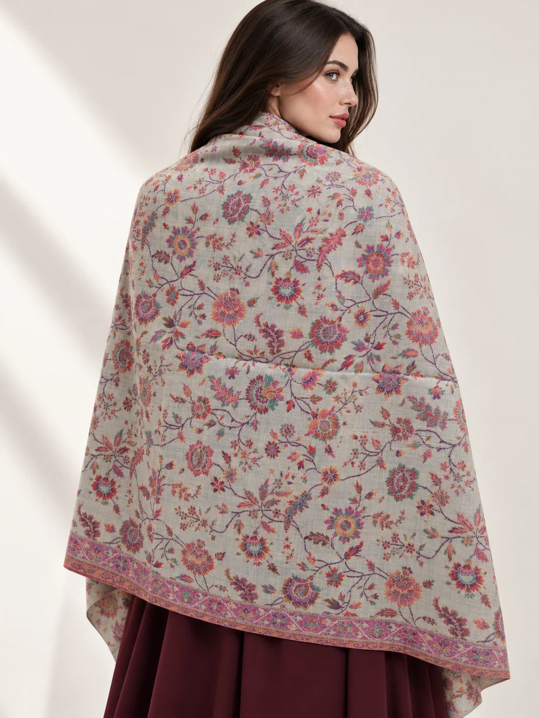 Premium Kani #17 Floral Pearl Ivory Shawl — 03-back-drape