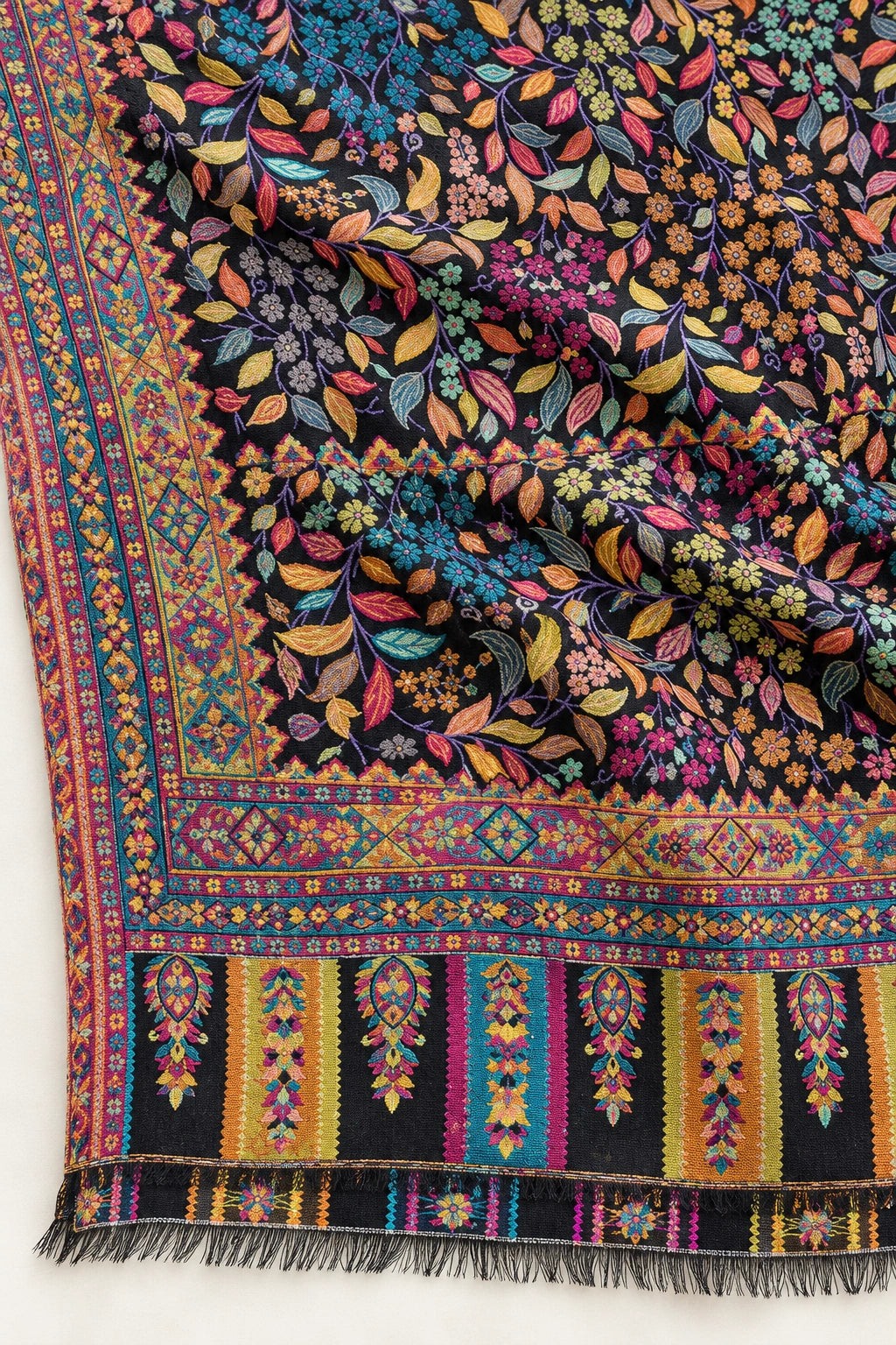 Premium Bareek Kani #32 Floral Black Shawl โ 02-material-closeup