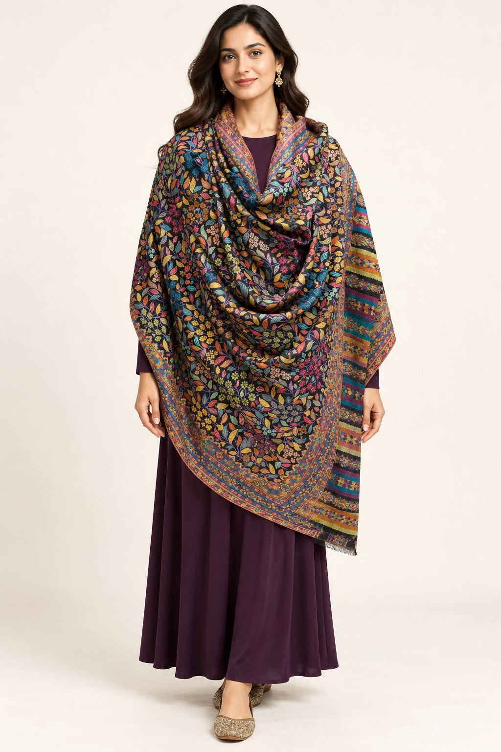 Premium Bareek Kani #32 Floral Black Shawl โ 03-full-length-portrait