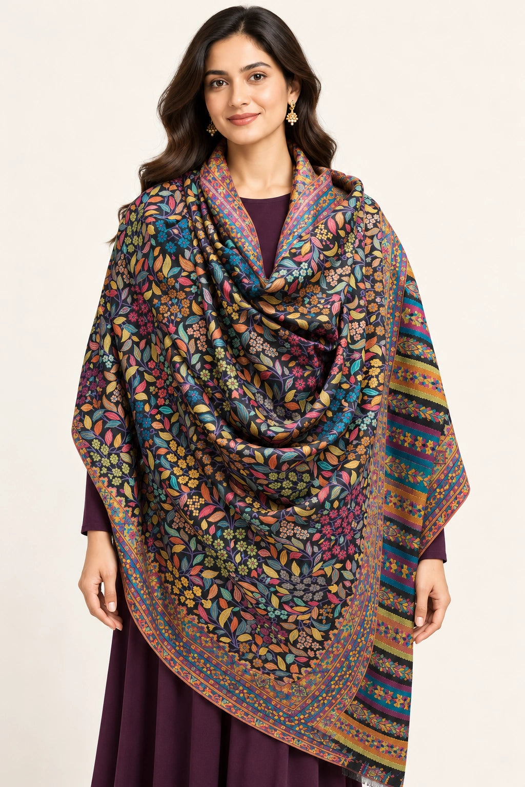 Premium Bareek Kani #32 Floral Black Shawl โ main portrait