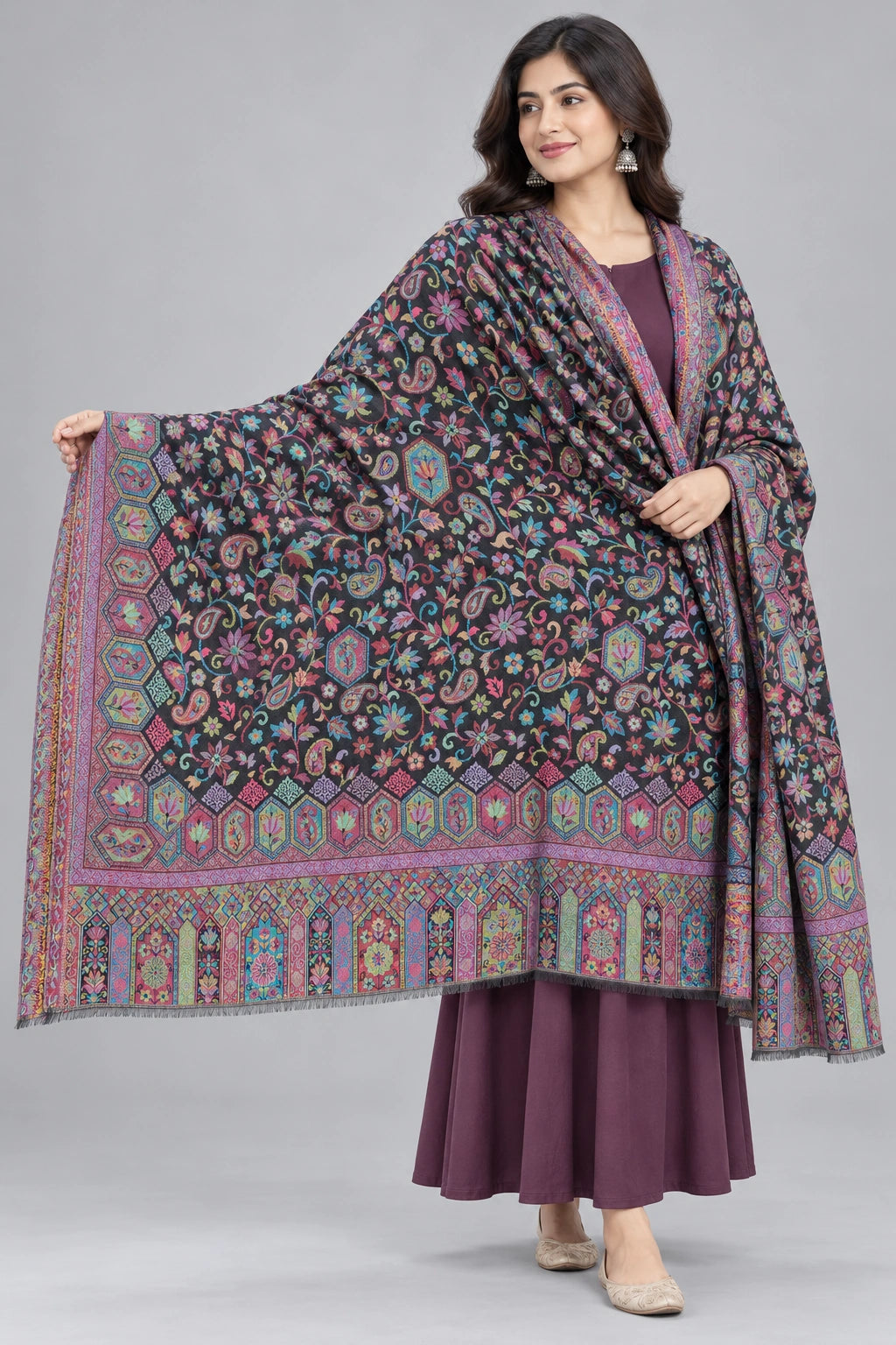 Premium Bareek Kani #32 Long Paisley Black Multicolour Shawl — 03-full-length-portrait