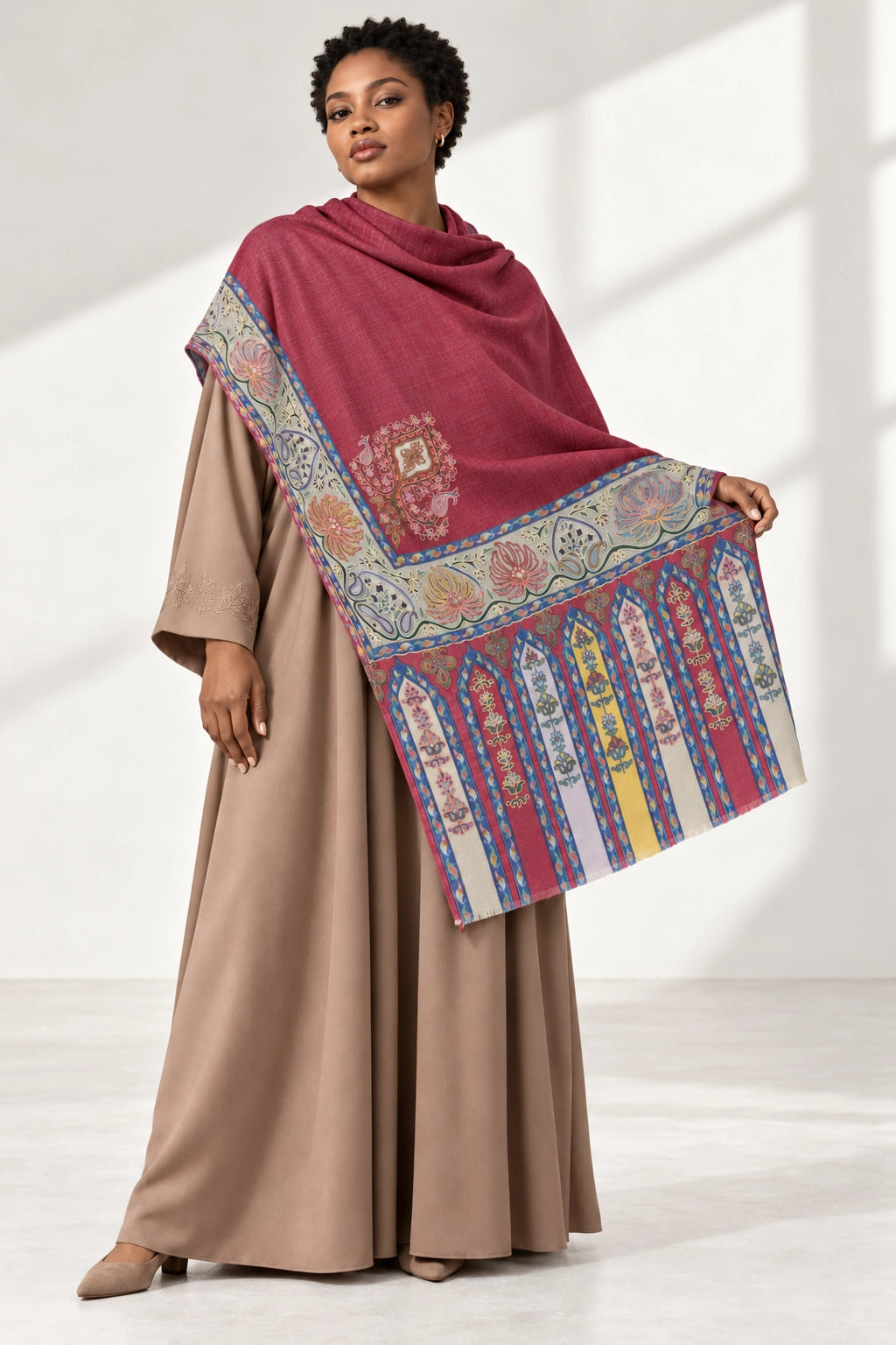 Premium Kalamkari Border #67 Burgundy Shawl — 03-full-length-portrait