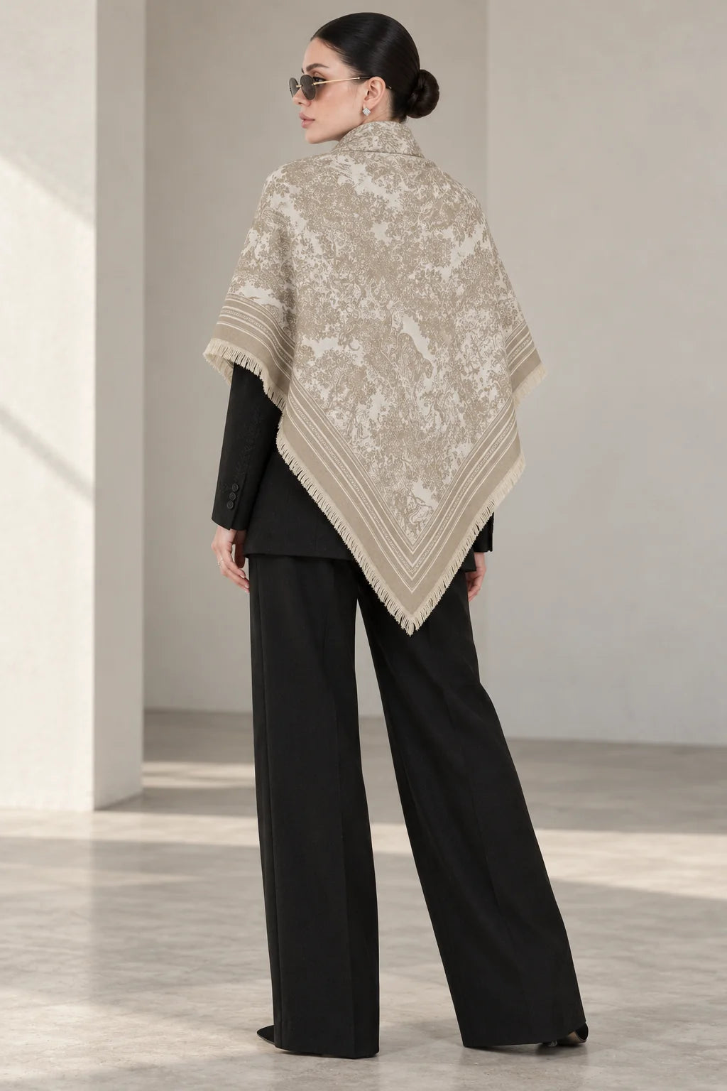 LIGHT BEIGE cashmere animal print square shawl folded into a triangle — triangle-back