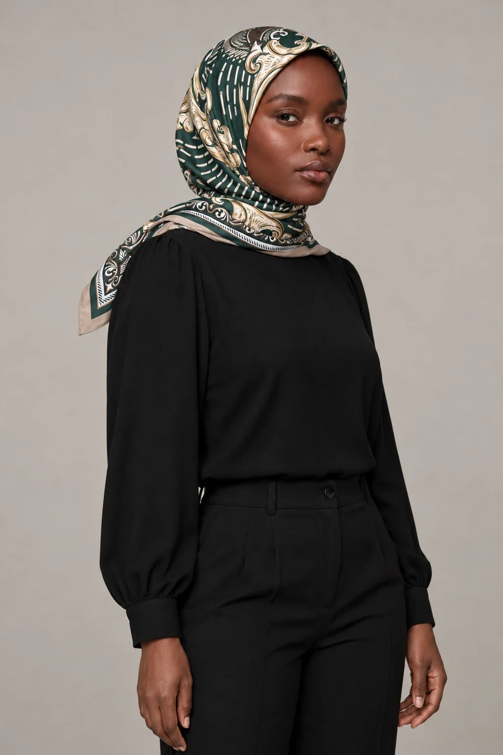 Silk Forest Baroque Murabba Scarf, 90×90 cm square hijab in Kuwait — portrait portrait