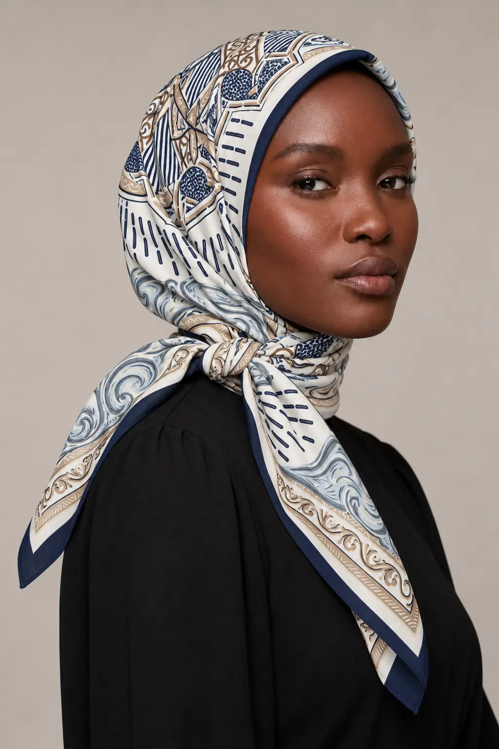 Silk Ivory Baroque Murabba Scarf, 90×90 cm square hijab in Kuwait — closeup portrait