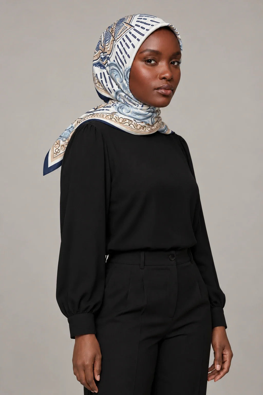 Silk Ivory Baroque Murabba Scarf, 90×90 cm square hijab in Kuwait — portrait portrait