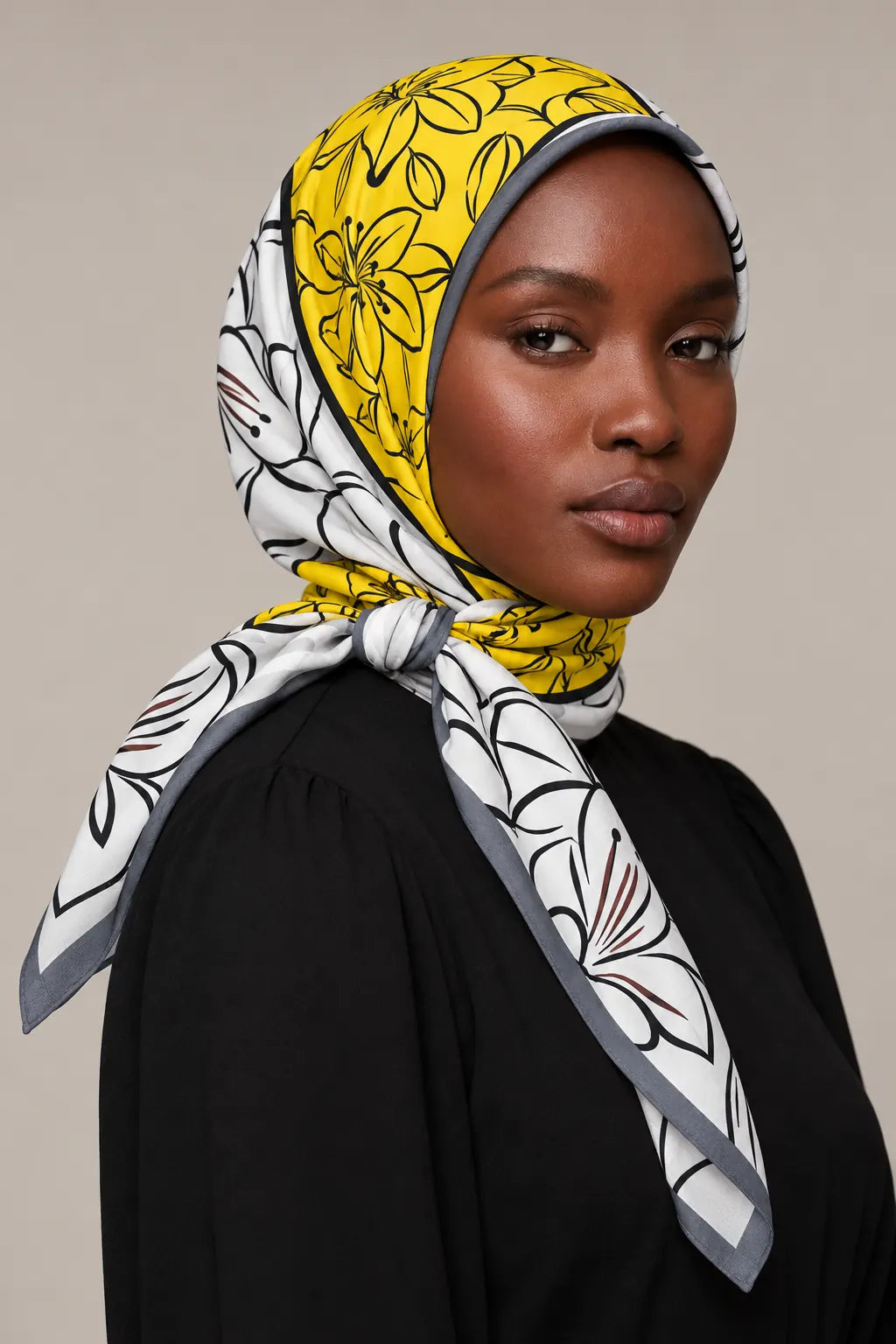 Silk Sunshine Lily Murabba Scarf, 90×90 cm square hijab in Kuwait — closeup portrait