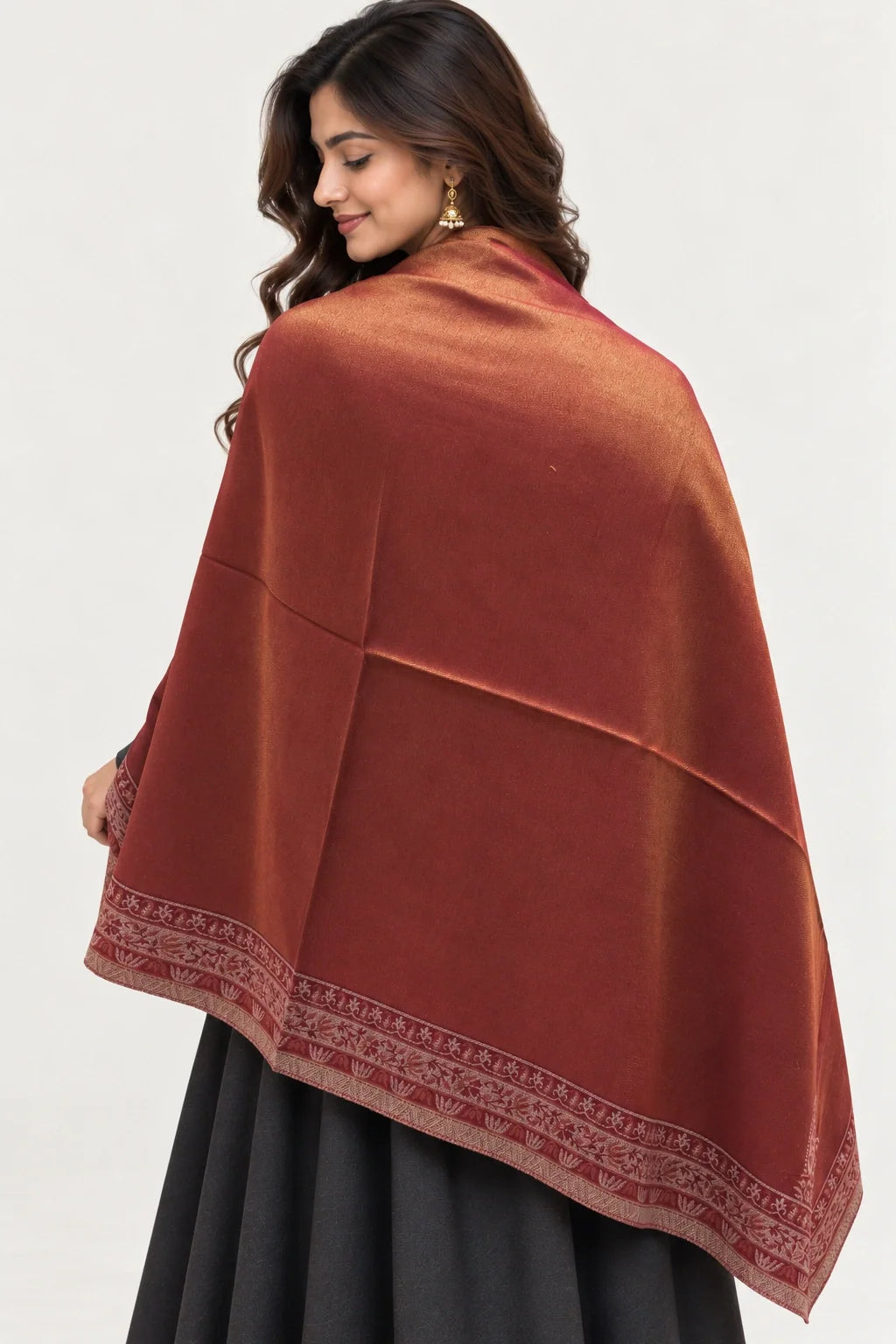 Moonlight Reversible Burgundy & Copper Shawl - 02-back-drape