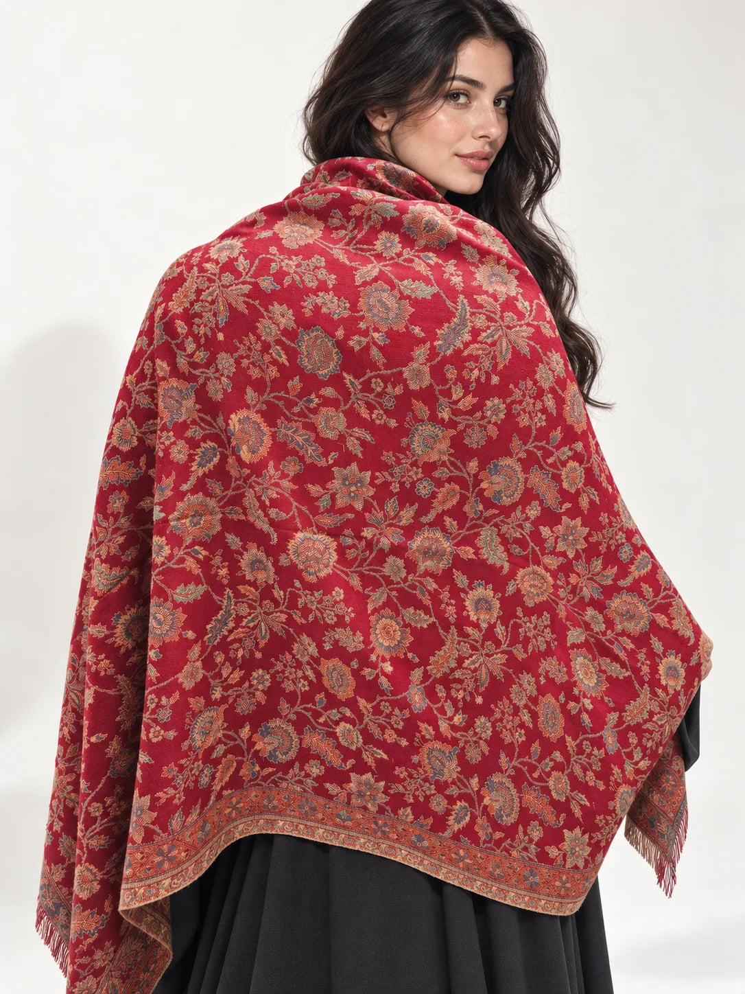 Premium Kani #17 Floral Deep Red Shawl — 03-back-drape