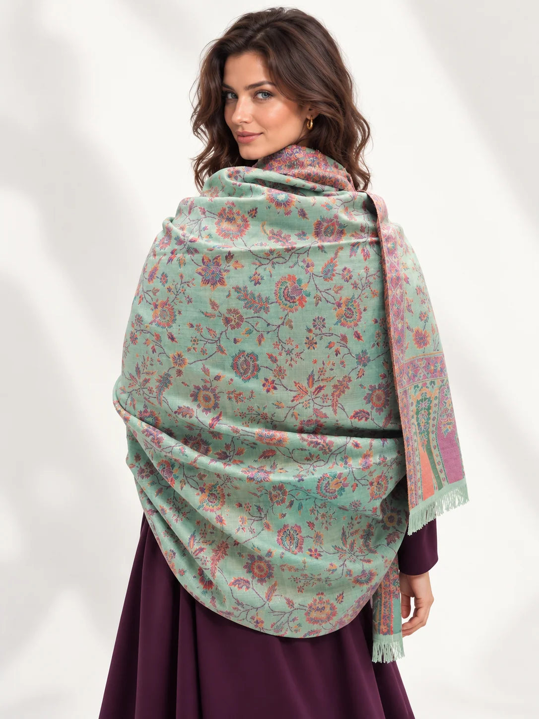 Premium Kani #17 Floral Mint Green Shawl — 03-back-drape