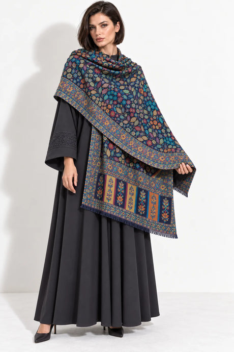 Premium Bareek Kani #32 Floral Navy Shawl — 03-full-length-portrait
