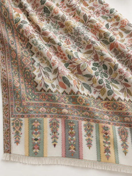 Premium Bareek Kani #32 Floral Ivory Shawl — 02-material-closeup