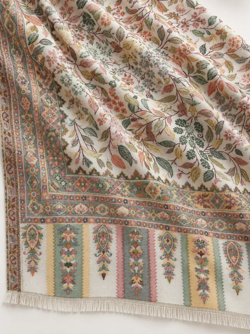 Premium Bareek Kani #32 Floral Ivory Shawl — 02-material-closeup