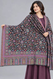 Premium Bareek Kani #32 Long Paisley Black Multicolour Shawl — 01-model-closeup