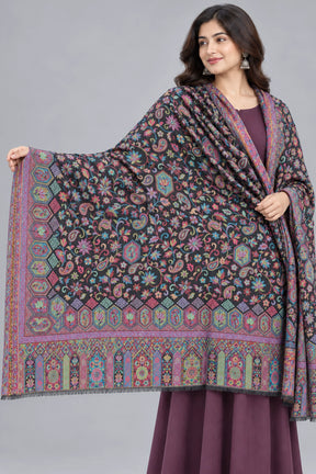 Premium Bareek Kani #32 Long Paisley Black Multicolour Shawl — 01-model-closeup