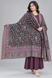 Premium Bareek Kani #32 Long Paisley Black Multicolour Shawl — 03-full-length-portrait