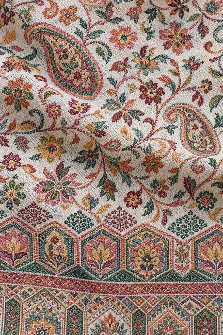 Premium Bareek Kani #32 Long Paisley Ivory Shawl — 02-material-closeup