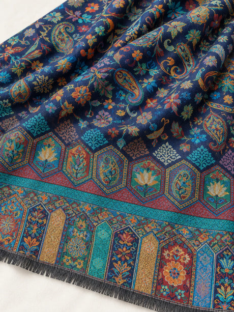 Premium Bareek Kani #32 Long Paisley Navy Shawl — 02-material-closeup