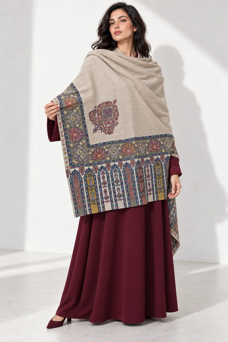 Premium Kalamkari Border #67 Sand Beige Shawl — 03-full-length-portrait