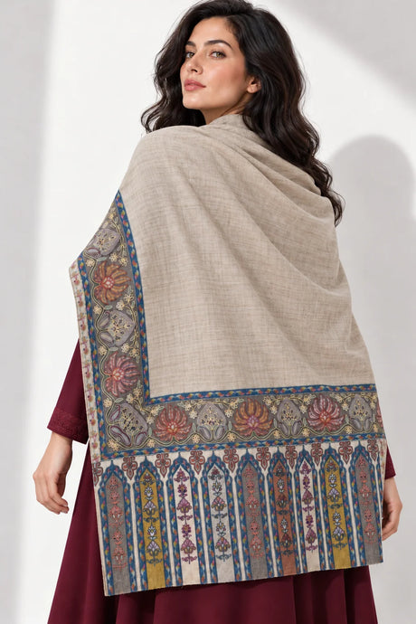 Premium Kalamkari Border #67 Sand Beige Shawl — 04-back-drape