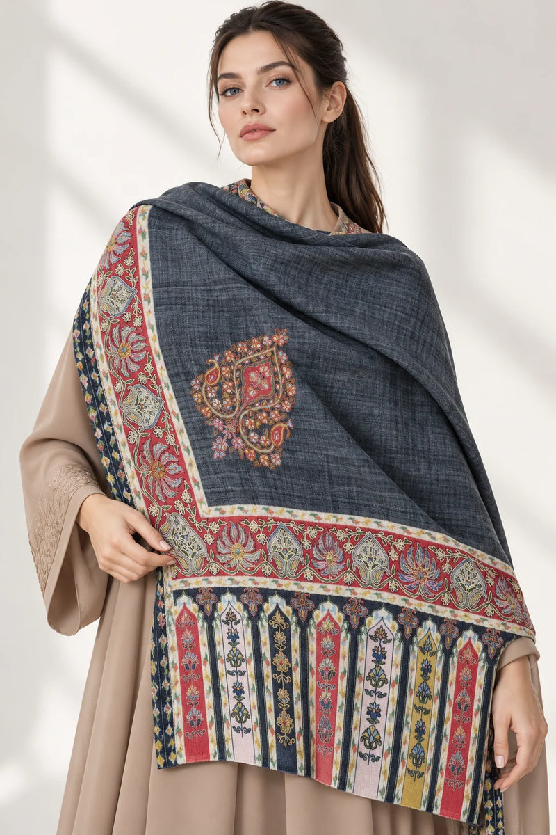 Premium Kalamkari Border #67 Charcoal Grey Shawl — 01-model-closeup
