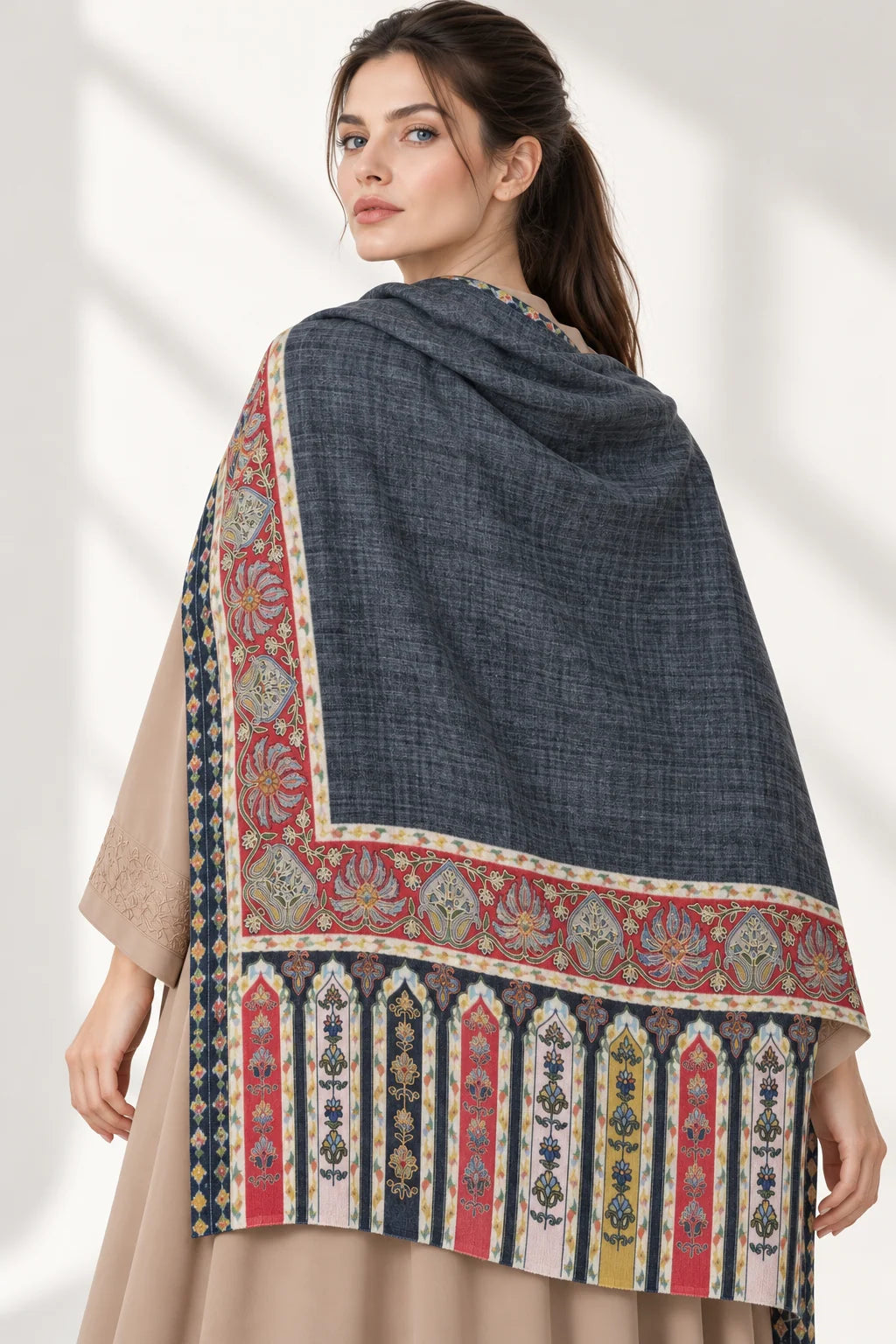 Premium Kalamkari Border #67 Charcoal Grey Shawl — 04-back-drape