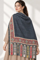 Premium Kalamkari Border #67 Charcoal Grey Shawl — 04-back-drape