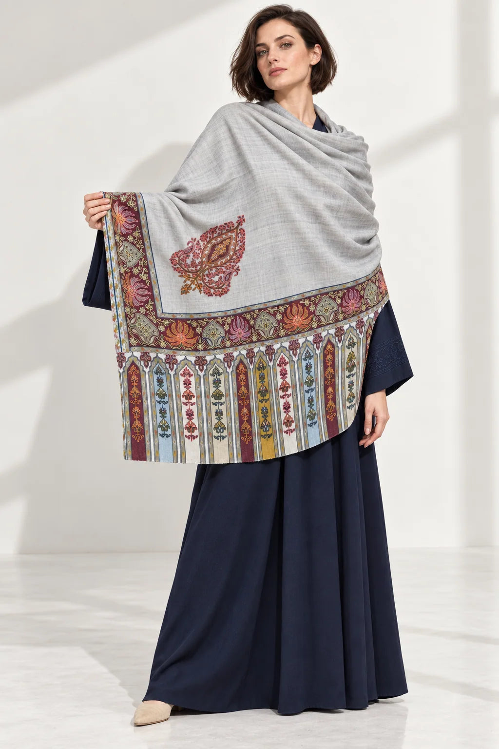Premium Kalamkari Border #67 Pearl Grey Shawl — 03-full-length-portrait