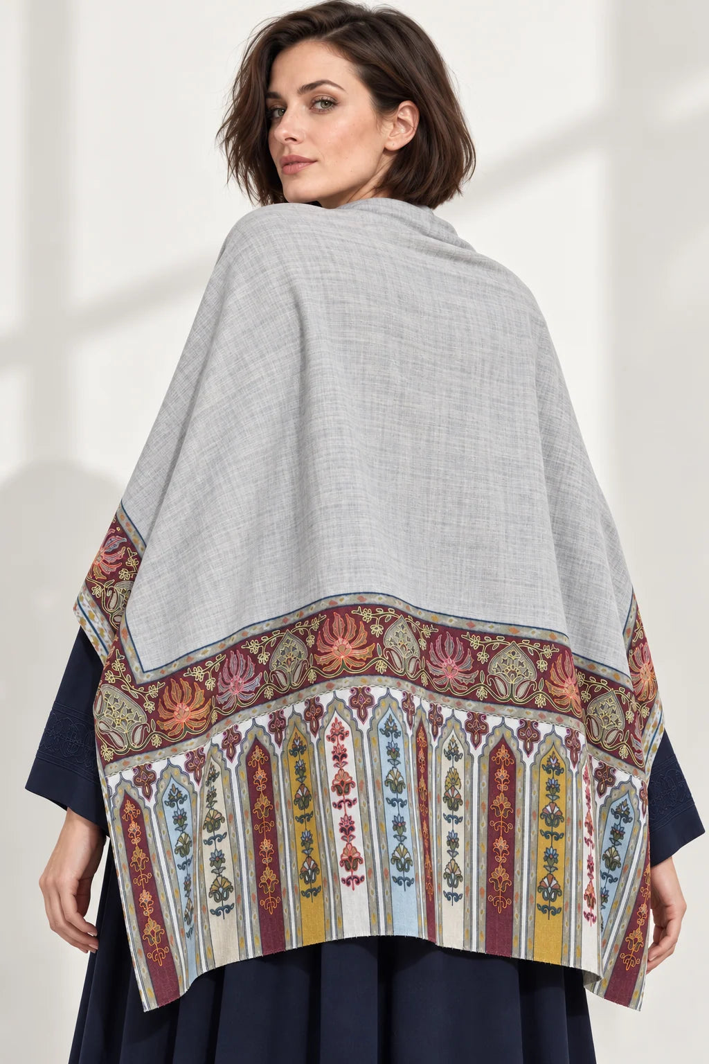 Premium Kalamkari Border #67 Pearl Grey Shawl — 04-back-drape