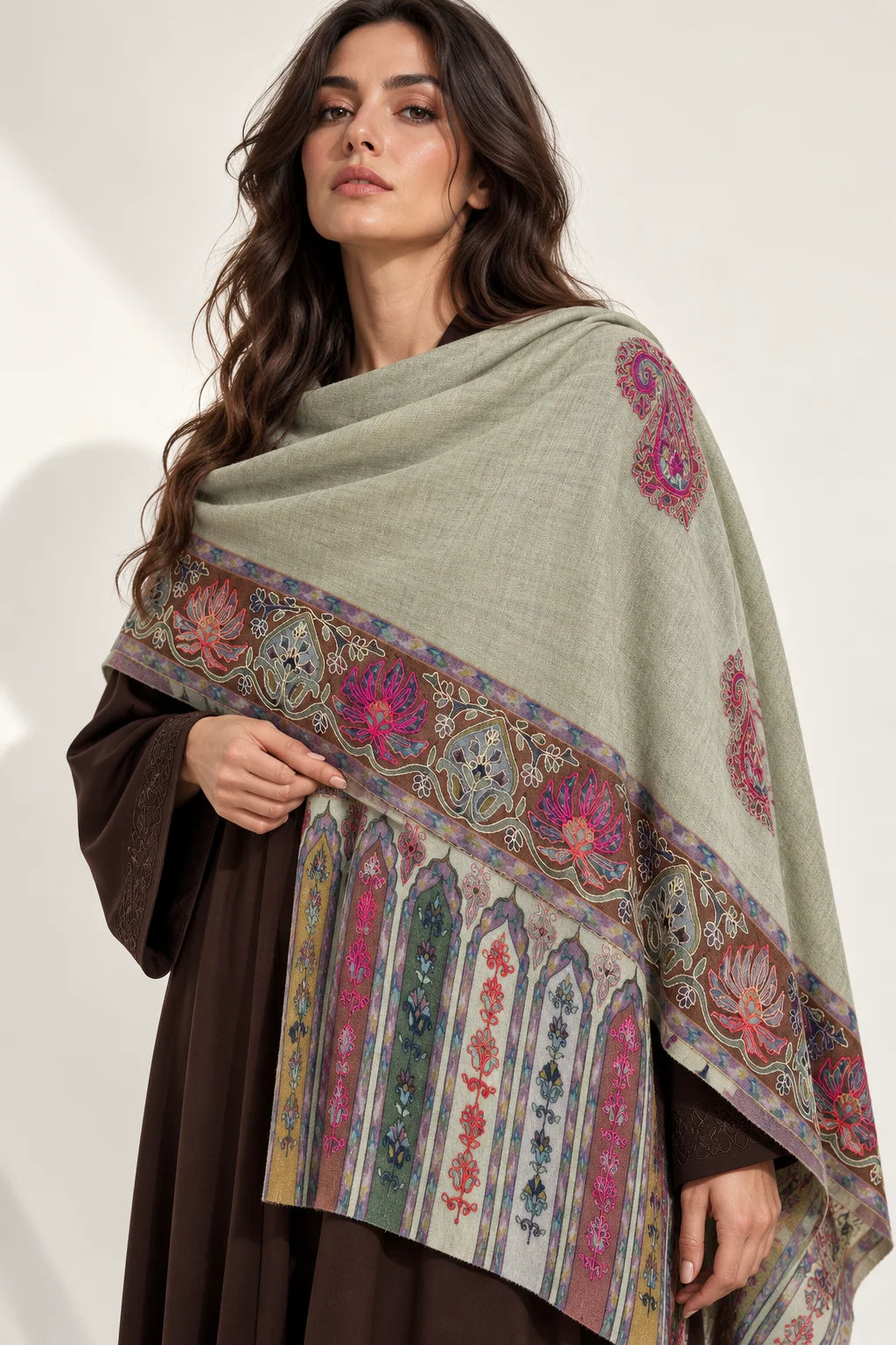 Premium Kalamkari Border #67 Sage Green Shawl — 01-model-closeup