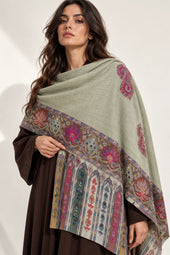 Premium Kalamkari Border #67 Sage Green Shawl — 01-model-closeup