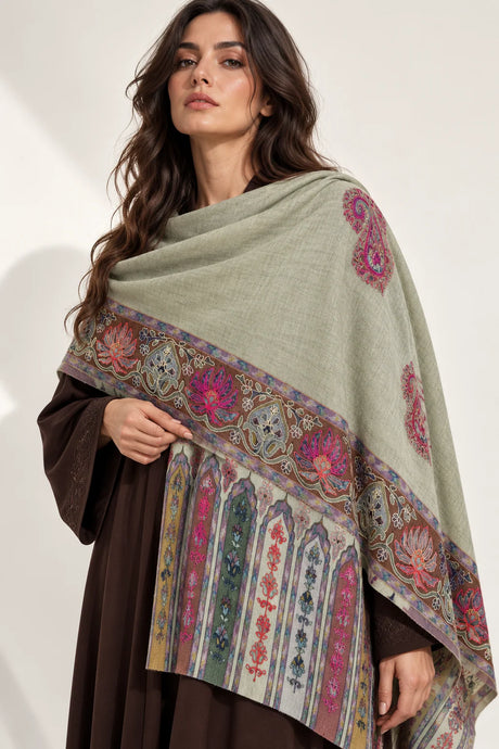 Premium Kalamkari Border #67 Sage Green Shawl — 01-model-closeup