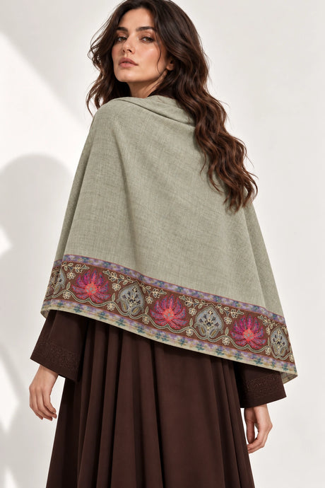Premium Kalamkari Border #67 Sage Green Shawl — 04-back-drape