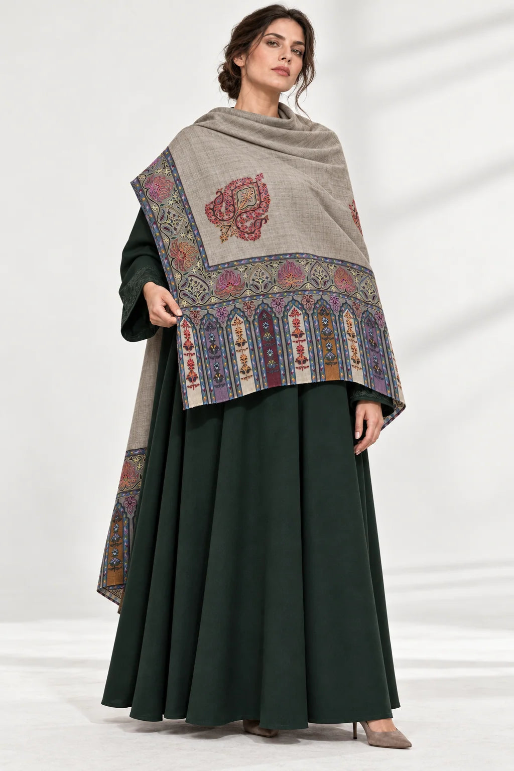 Premium Kalamkari Border #67 Taupe Shawl — 03-full-length-portrait