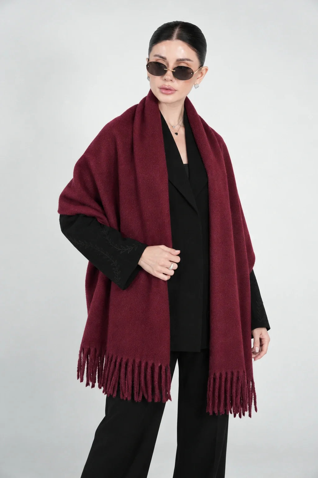 Original Wool Shawl – Dark Burgundy – front with glasses