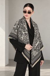 BLACK cashmere animal print square shawl folded into a triangle — standing