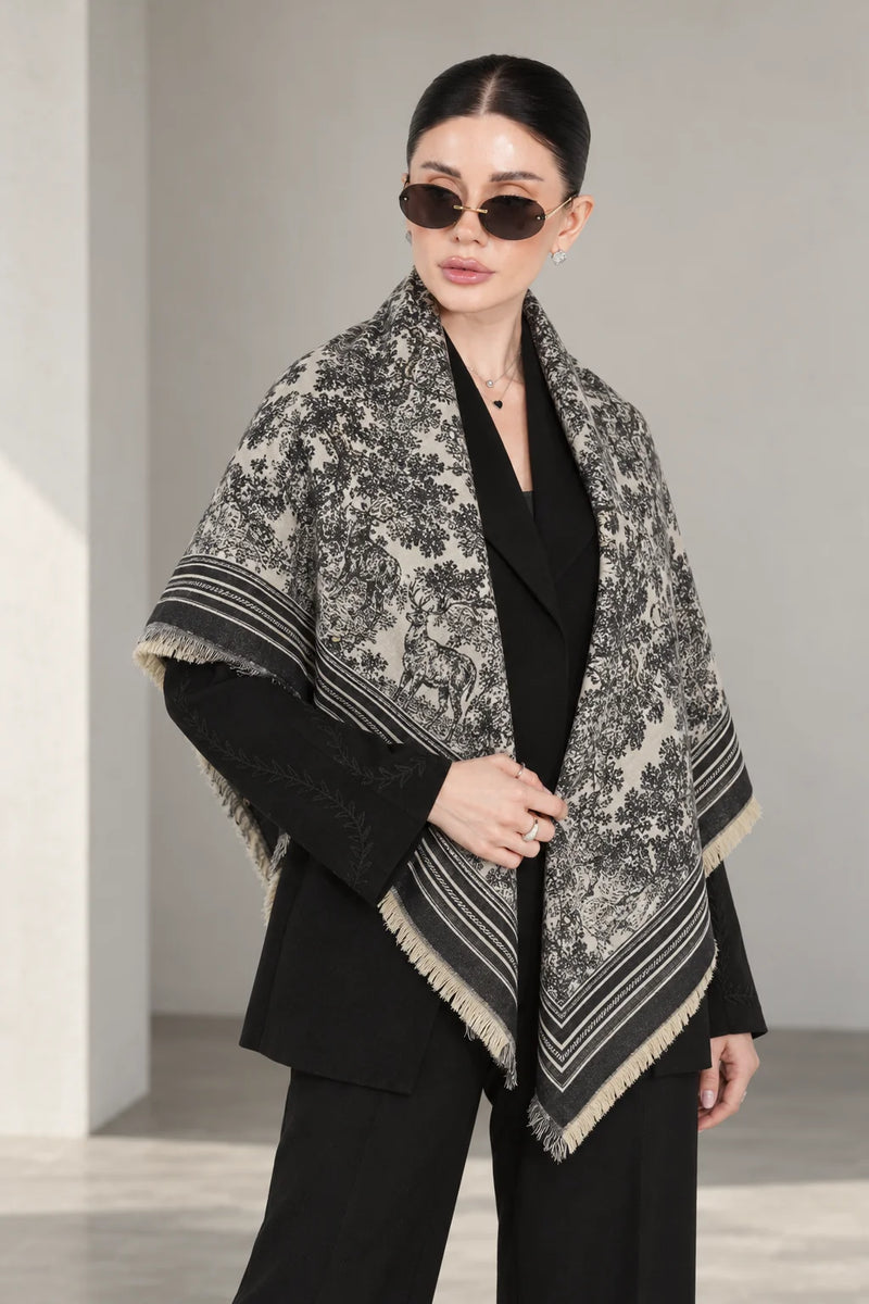 BLACK cashmere animal print square shawl folded into a triangle — standing