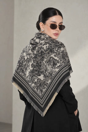 BLACK cashmere animal print square shawl folded into a triangle — triangle-back