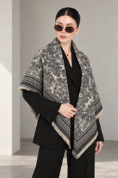 GREY cashmere animal print square shawl folded into a triangle — standing