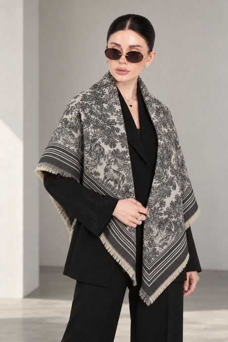 GREY cashmere animal print square shawl folded into a triangle — standing