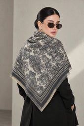 GREY cashmere animal print square shawl folded into a triangle — triangle-back