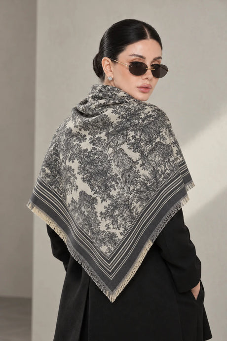 GREY cashmere animal print square shawl folded into a triangle — triangle-back