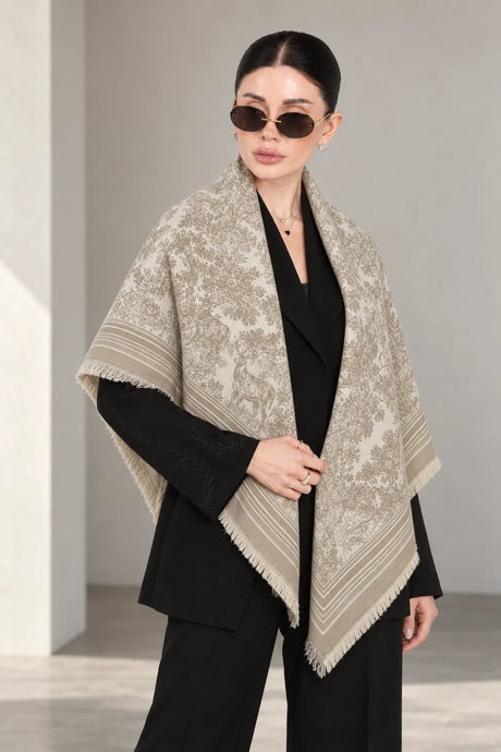 LIGHT BEIGE cashmere animal print square shawl folded into a triangle — standing