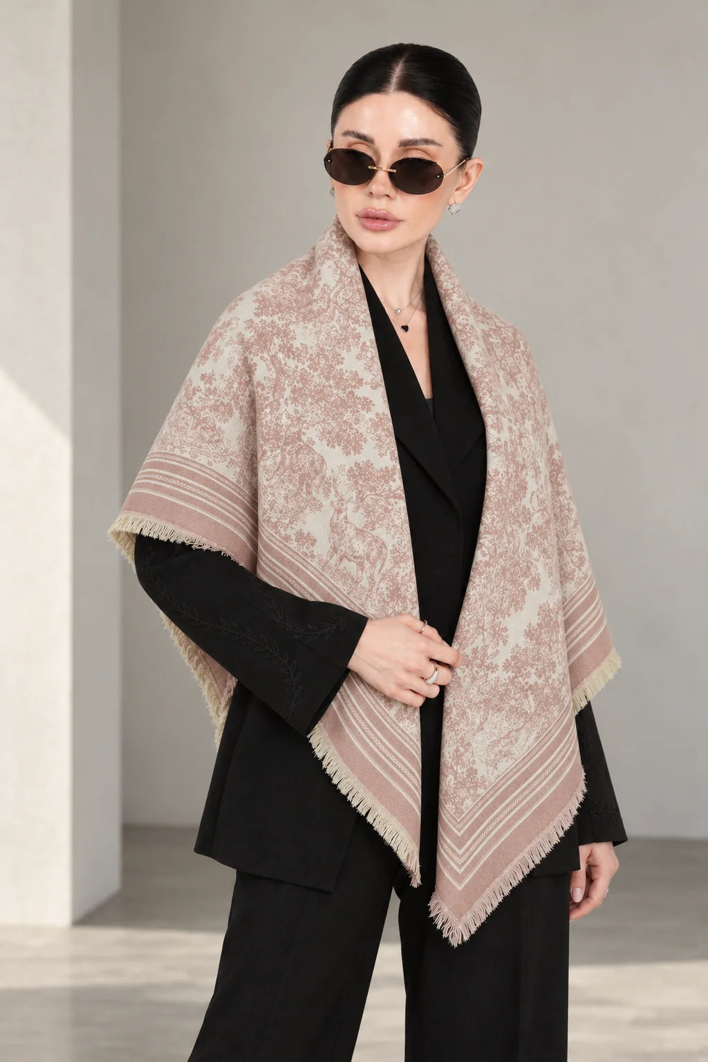 LIGHT PINK GULABI cashmere animal print square shawl folded into a triangle — standing