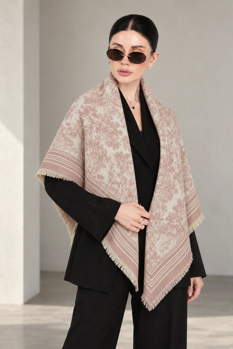 LIGHT PINK GULABI cashmere animal print square shawl folded into a triangle — standing