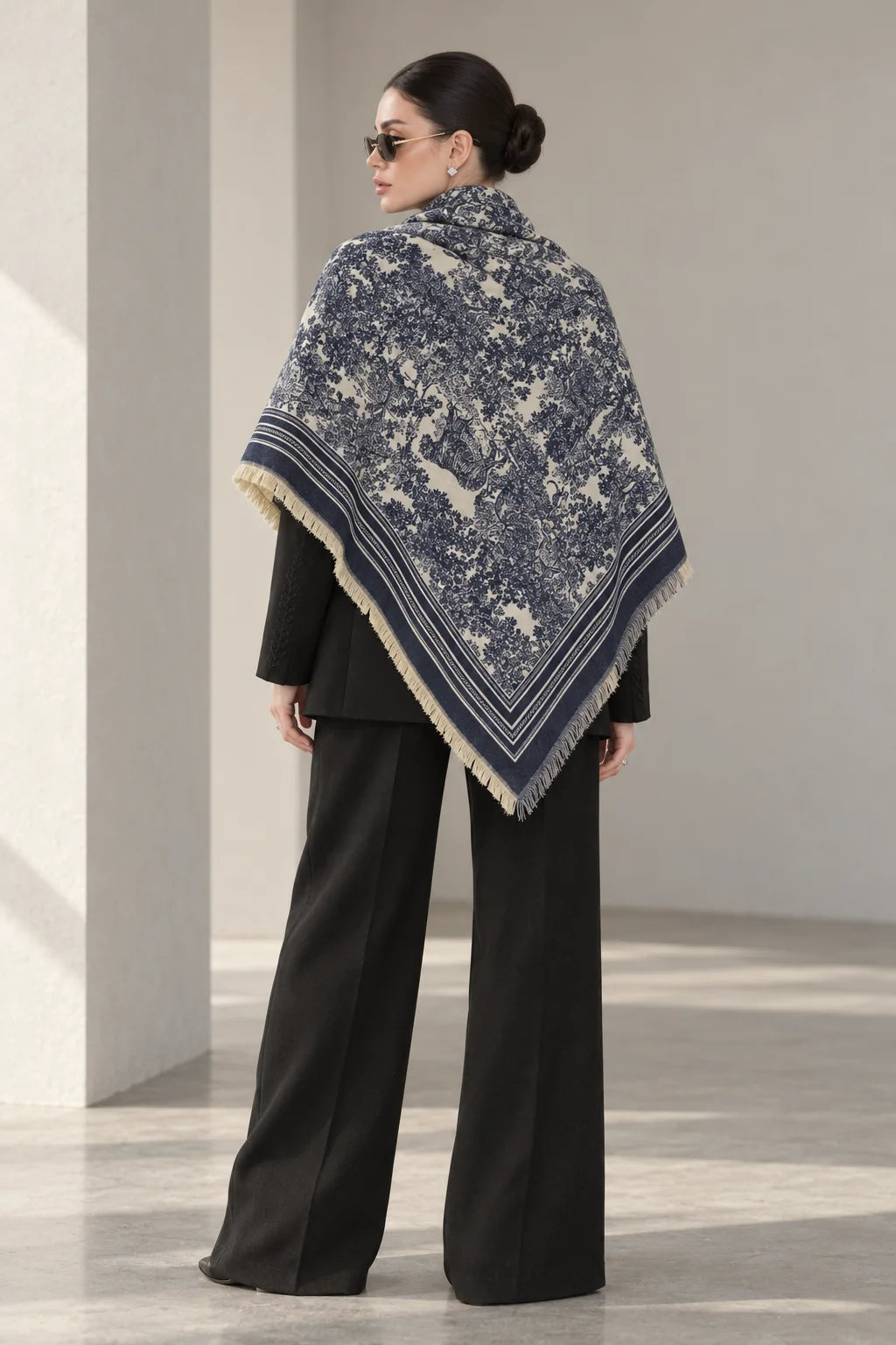 NAVY BLUE cashmere animal print square shawl folded into a triangle — triangle-back
