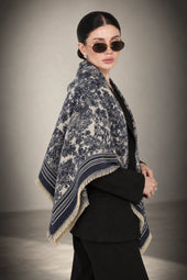 NAVY BLUE cashmere animal print square shawl folded into a triangle — vignette